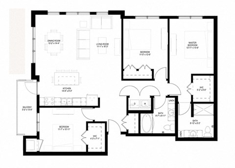 Floor plan for 3 beds, 2 baths, 1438 sqft